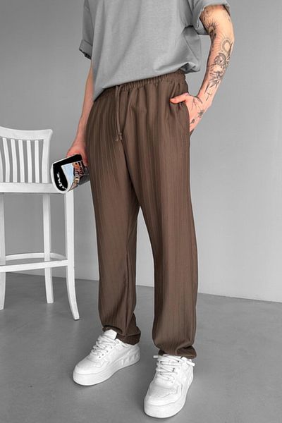 MADZEYMODA Мъжки раиран кафяв джогър с широка кройка