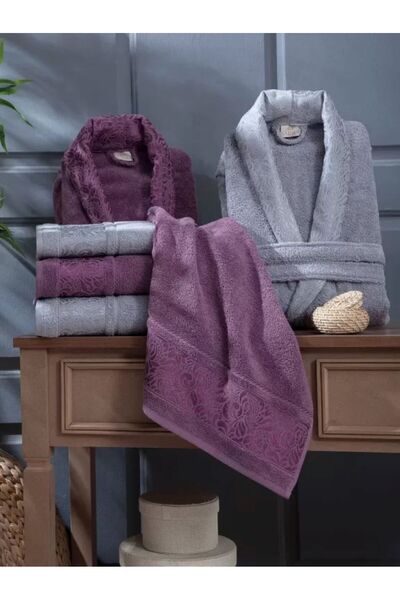 sarra %100 Pamuklu Çeyizlik 6 Parça Çift Kişilik Aile Bornoz Takımı