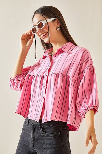 XHAN Fuchsia Striped Balloon Sleeve Crop Shirt 5YXK2-48403-07