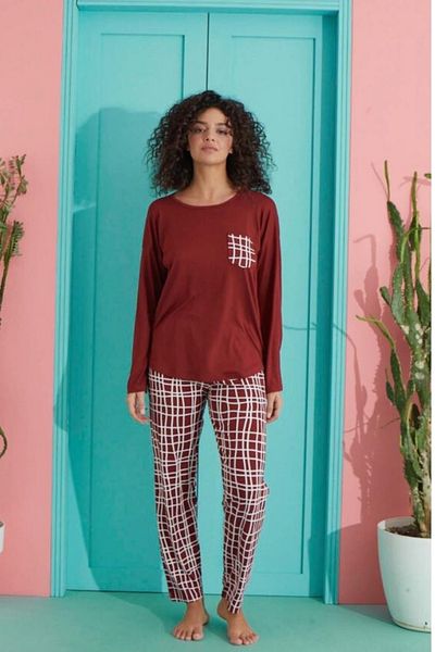 MEBA Set pijama Milan cu mânecă lungă, roșu, cu dungi din bumbac pieptănat -1