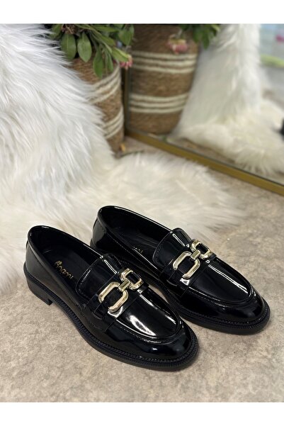 İmerShoes Black Patent Leather Loafer - Women's Loafers with Low Heel, Chain, Oval Toe 100