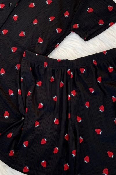 bigiyin Pantaloni scurti de damă cu mâneci scurte Costum de pijama Guler cămașă cu pantaloni scurți Pijama cu imprimeu căpșuni