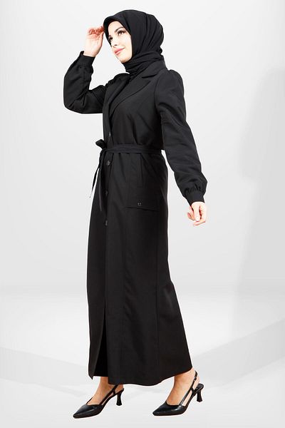 Beyza Μαύρη Hijab Long Trench Coat 3839 - Με κουμπί