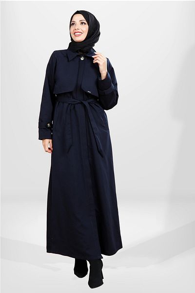 Beyza Μπλε ναυτικό Hijab Trench Coat - 3840 με κουμπί, ολόσωμο