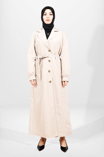 Beyza Μπεζ 3839 Μοντέλο Μακριά Hijab Trench Coat - Κουμπί