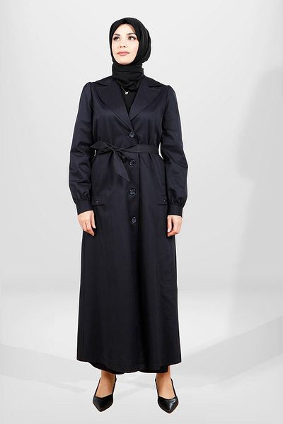 Beyza Μακρύ καμπαρντίνα Navy Blue Hijab - 3839 με κουμπί