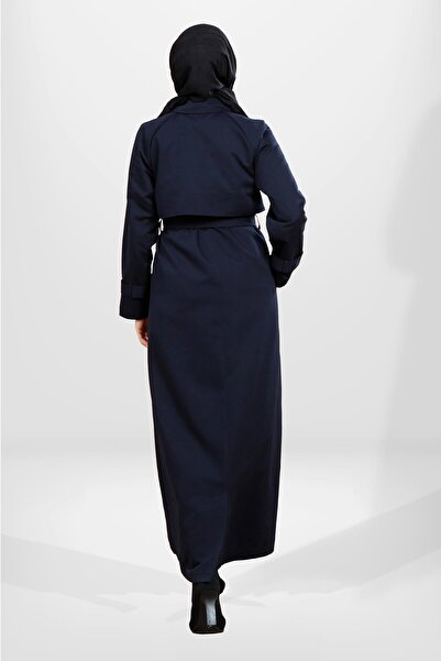 Beyza 3840 Düğmeli Tam Boy Tesettür Lacivert Trençkot