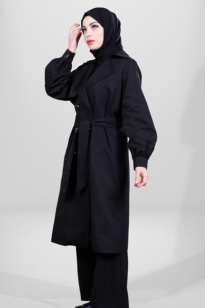 Beyza Μαύρο Hijab Trench Coat - Μοντέλο 3857, με κουμπί