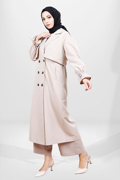 Beyza Μπεζ Hijab Trench Coat 3838 - Λεπτομέρεια με κουμπί