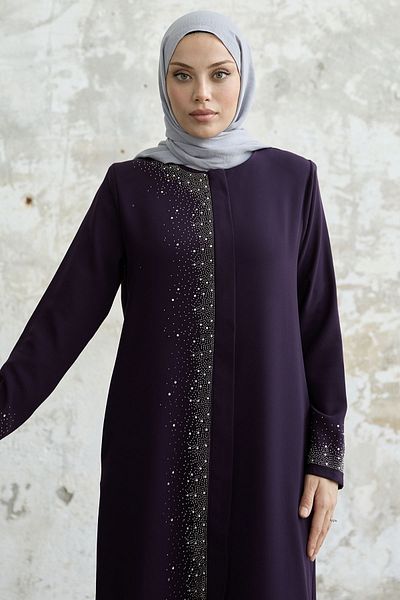 InStyle Right Part Stone Embroidered Ferace - Plum
