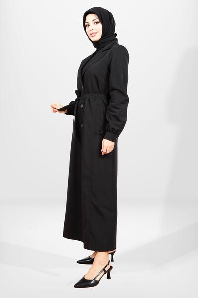 Beyza 3839 Düğmeli Siyah Tesettür Uzun Trençkot