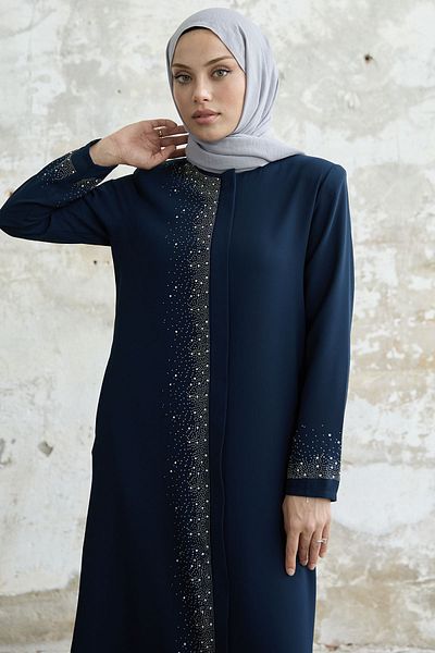 InStyle Right Part Stone Embroidered Ferace - Indigo