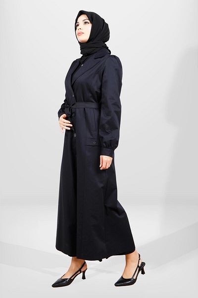 Beyza Μακρύ καμπαρντίνα Navy Blue Hijab - 3839 με κουμπί