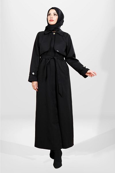 Beyza Μαύρη Hijab Trench Coat - 3840 με κουμπί, ολόσωμο