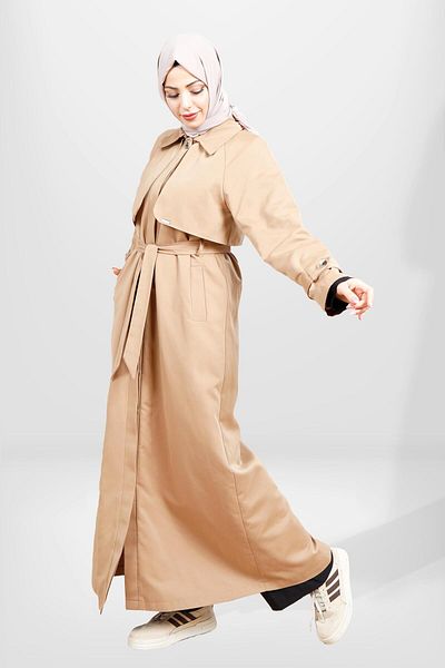 Beyza Μπεζ Hijab Trench Coat - 3840 με κουμπί, ολόσωμο