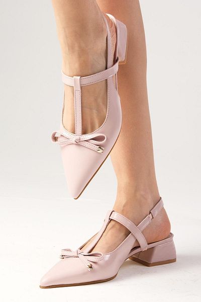 Mio Gusto Tulip Genuine Patent Leather Powder Color Open Back Women's Short Heeled Shoes