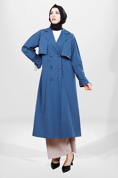 Beyza 3838 Μοντέλο Hijab Indigo Trench Coat - Λεπτομέρεια με κουμπί