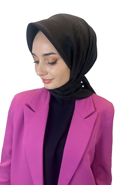 PİRAMİT Jacquard Monogram Scarf, Pyramid Monogram, Patterned Black Scarf 01009