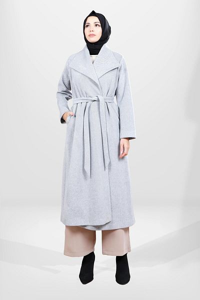 Beyza Παλτό Hijab με γυριστό γιακά Nation Grey - 3429