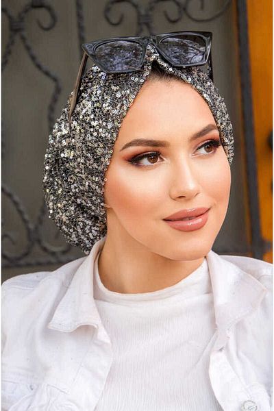 Aişe tesettür Silver Sequined Gathered Wrapped Bonnet