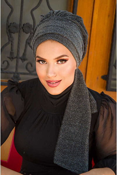 Aişe tesettür Μαύρο ασημί αστραφτερό βραδινό φόρεμα καπό φουλάρι