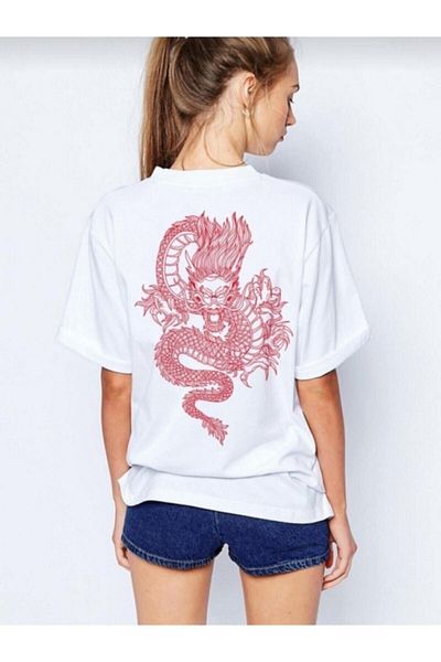 MOONBULL Μπλουζάκι Oversize White Dragon Printed