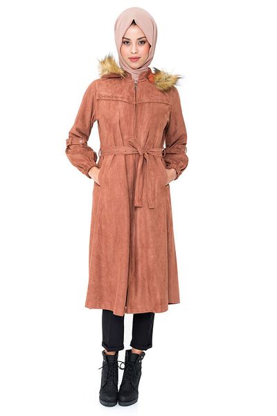 Beyza Hijab Cinnamon Coat 3152 - Κομψό με φερμουάρ και ζώνη