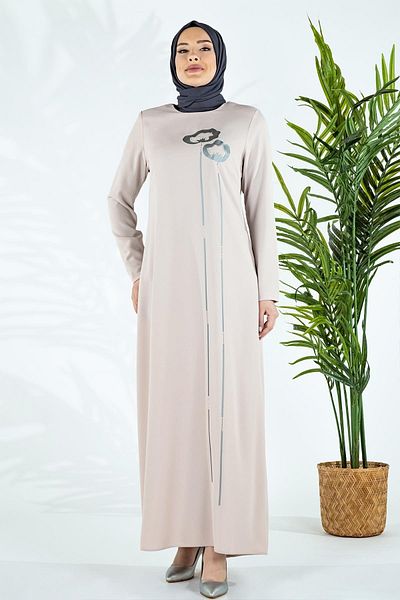 Beyza Cream Hijab Dress - Ahlat Front Floral Pattern, Flexi Printed 5469