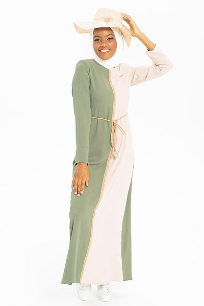 Beyza Esma Ψάθινη Ζώνη Hijab Mint Green Φόρεμα 5095