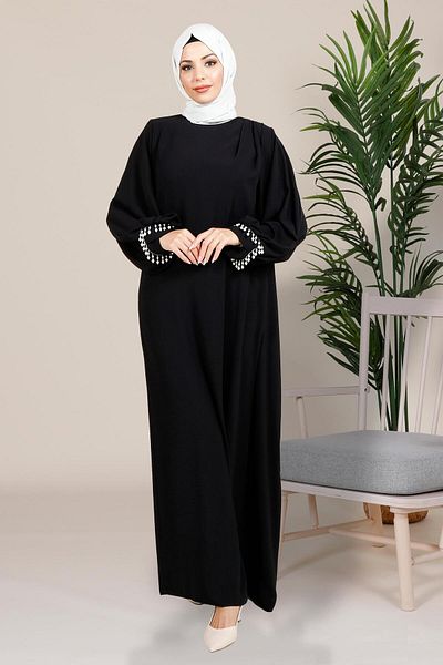 Beyza Μαύρο Φόρεμα Hijab - Μανίκια Şark με πλισέ και λεπτομέρεια με πέρλες, Μοντέλο 5458
