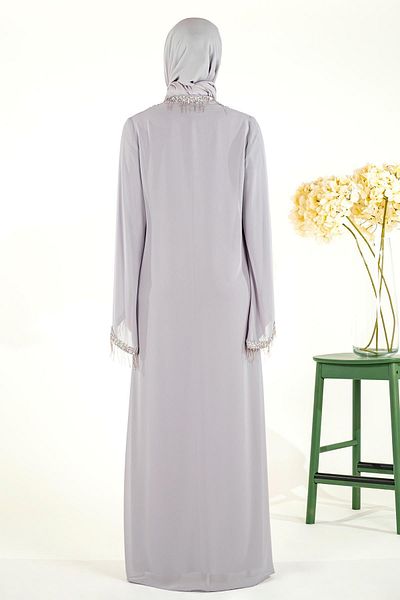 Beyza Γκρι σιφόν γιλέκο Hijab Abaya - Şakira Collar, Sticky Stone Detailed 3534