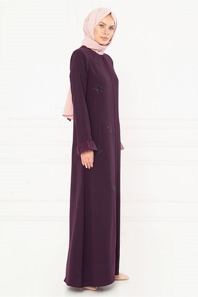 Beyza Plum Ferace με Πέτρινη Κέντημα και Λεπτομέρεια από Αιγαίο Τούλι 3195