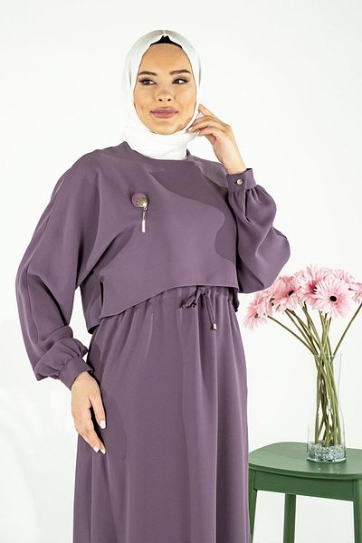 Beyza Λιλά Φόρεμα Hijab - Lina με Ρόμπα Aller και Συσπειρωμένη Μέση 5452