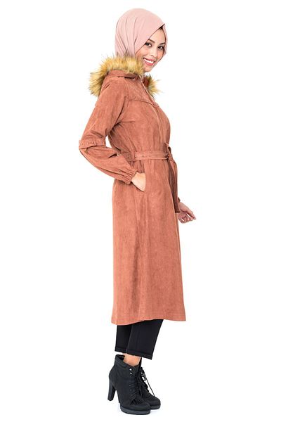 Beyza Hijab Cinnamon Coat 3152 - Κομψό με φερμουάρ και ζώνη