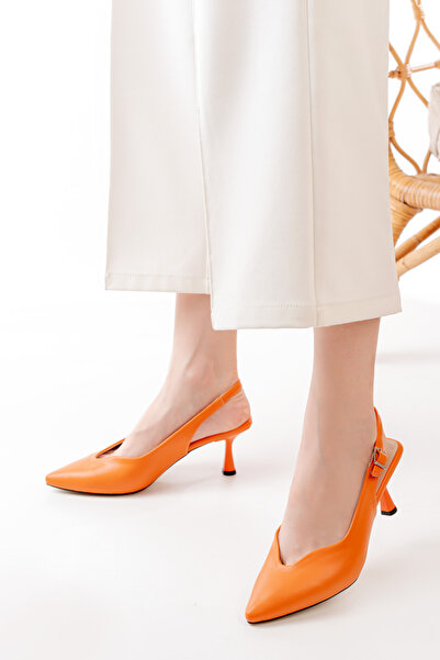 MASSOLE Oranj Deri Arka Açık Köşeli Kadın Stiletto Yazlık Şık Günlük Premium ...