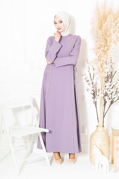 Beyza Λιλά Φόρεμα Hijab - Πέτρινη ρίγα Aydan, Μοντέλο 5288