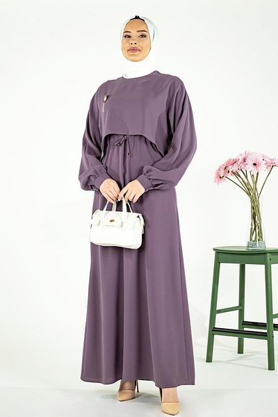 Beyza Λιλά Φόρεμα Hijab - Lina με Ρόμπα Aller και Συσπειρωμένη Μέση 5452