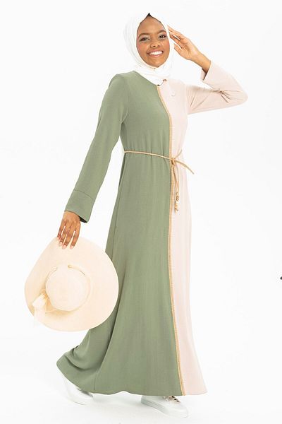 Beyza Esma Ψάθινη Ζώνη Hijab Mint Green Φόρεμα 5095