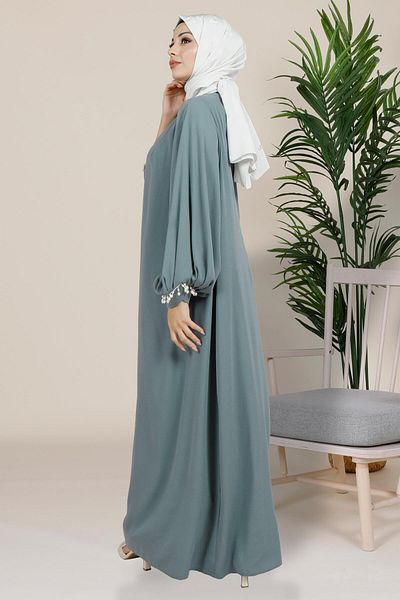 Beyza Φόρεμα Mint Hijab - Μανίκια Şark με πλισέ και λεπτομέρεια με πέρλες, Μοντέλο 5458