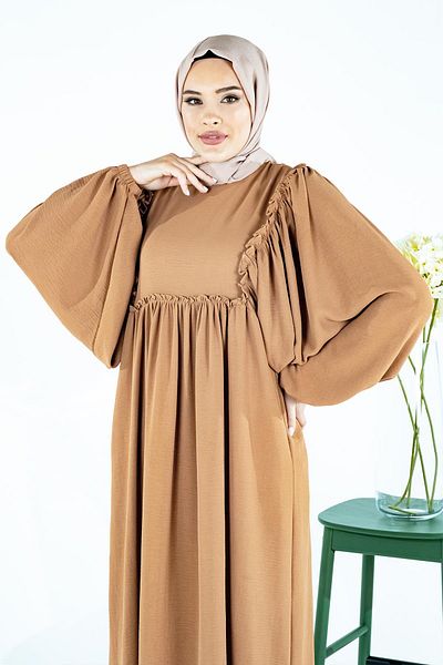 Beyza Φόρεμα Hijab με τετράγωνο κορδόνι κανέλας - Μπροστινό και πίσω μέρος με κορδόνι, ντραπέ 5454
