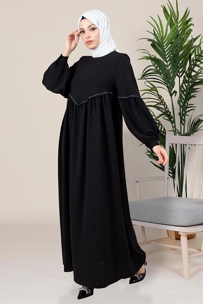 Beyza Μαύρο φόρεμα Hijab - Swan Robe και λεπτομέρεια ρίγες 5466