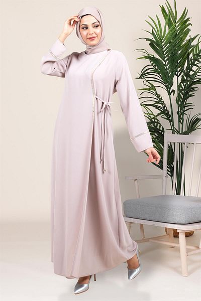 Beyza Μπεζ Φόρεμα Hijab - Διπλό Κλείσιμο και Λεπτομέρεια από πέτρα, Arduva Sticky 5383