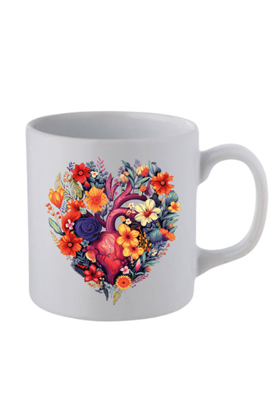 lili hediyelik Floral Heart Printed White Mug Cup - Ceramic Tea, Coffee Gift Cup