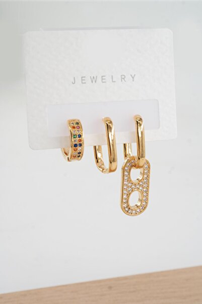 By Zeyna Aksesuar Women's Vip Series Zircon Stone 3-Piece Earrings
