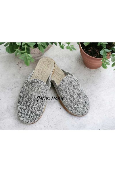 ÇEÇEN HOME Women's Straw Slippers Beige Closed Front Mesh Lace Knitwear Embroidery Detailed Stylish Summer Home Beach Vacation Slippers