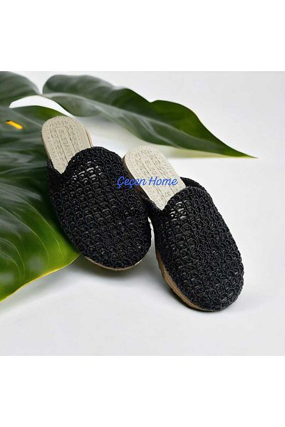 ÇEÇEN HOME Papuci de damă din paie bej cu plasă închisă în față tricotaj din dantelă Broderie detaliată, elegant, casă de vară, casă, plajă, vacanță