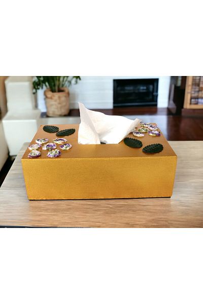 Fun Life Handmade Wooden Handkerchief Box Decorated with Leaves and Flowers - Gold Gilded