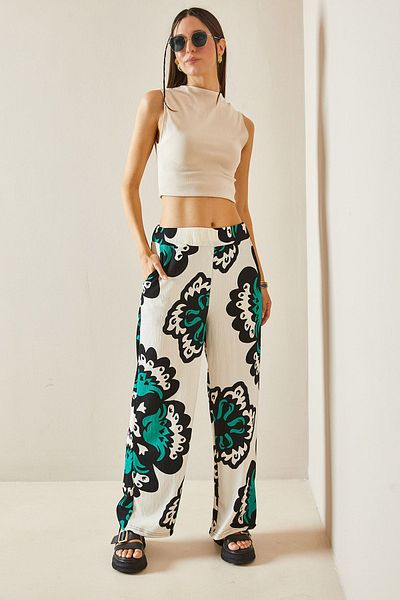 XHAN Green Elastic Waist Wide Leg Patterned Trousers 5YXK2-48405-08