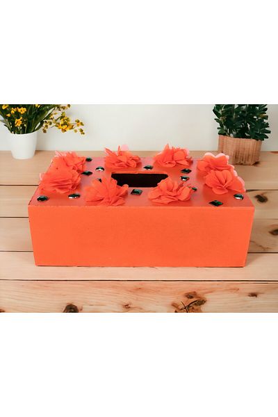 Fun Life Handmade Wooden Handkerchief Box Decorated with Flowers and Sequins - Orange