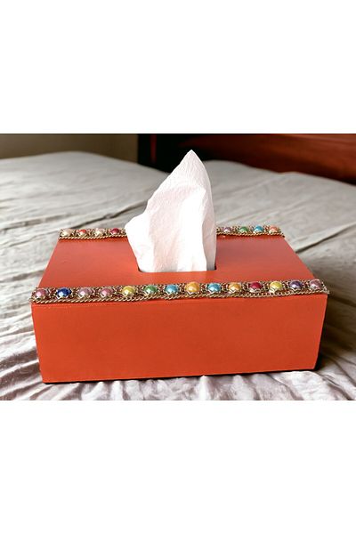 Fun Life Handmade Wooden Handkerchief Box Decorated with Colorful Beads - Orange